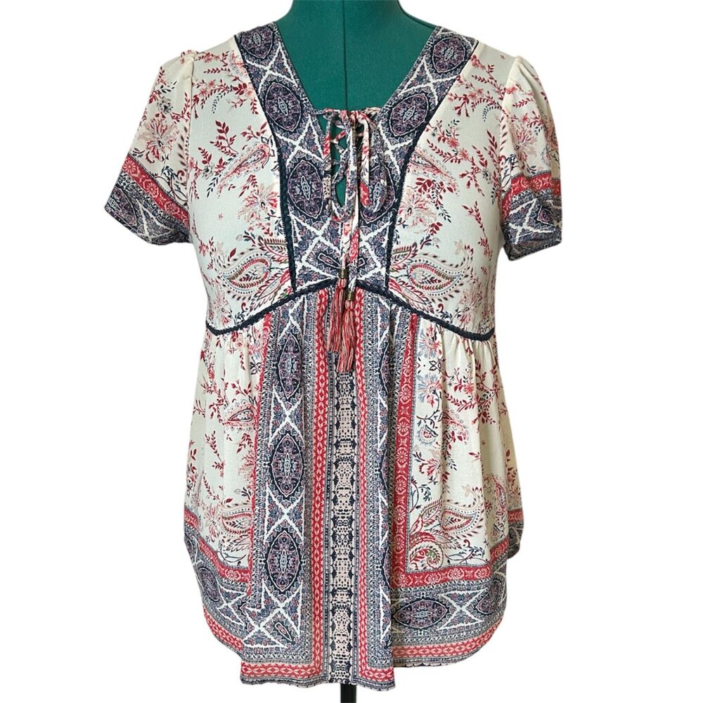 Knox Rose red white blue sheer boho tie front top M